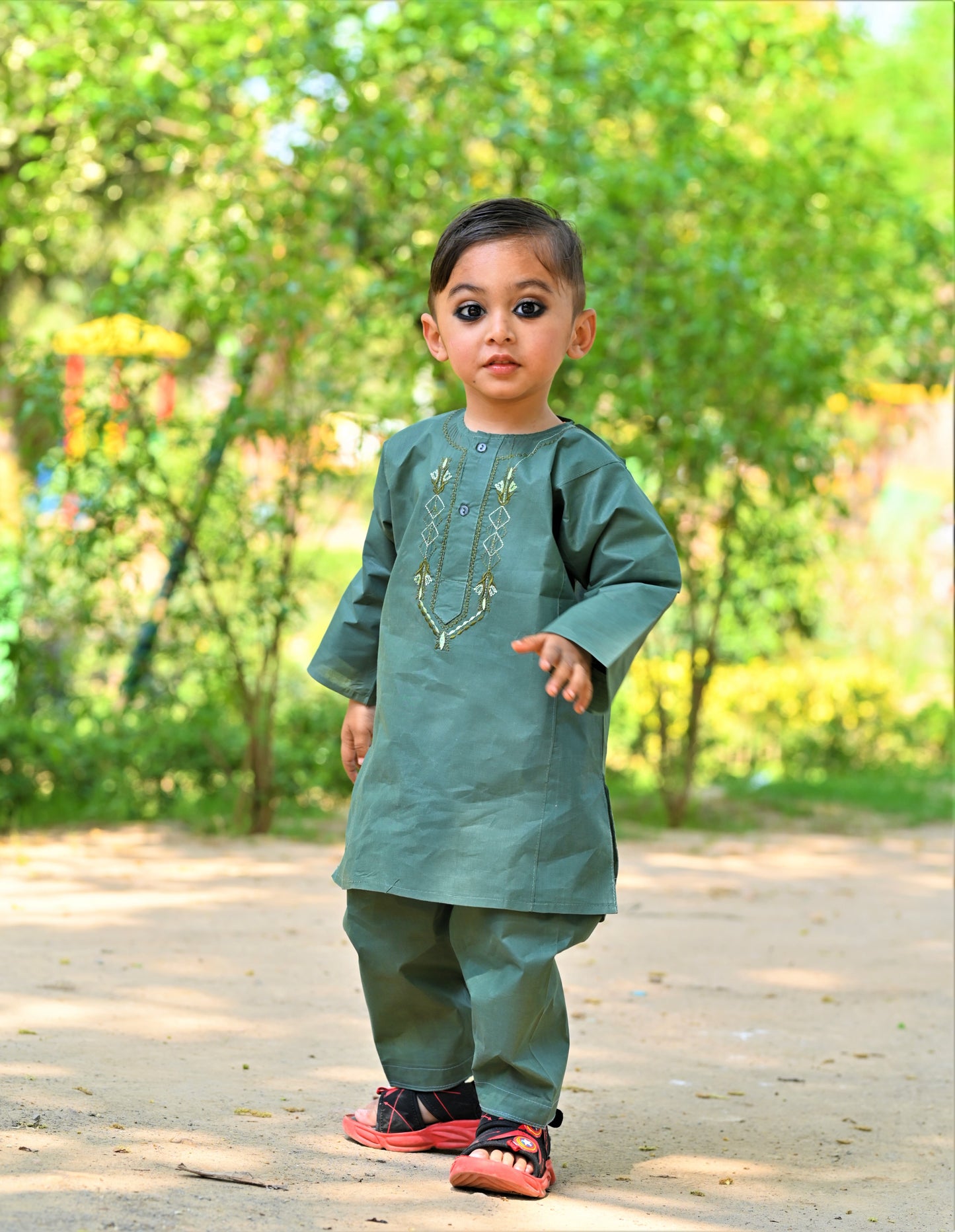 Dark Green Baby Boy Shalwar Kameez with Embroidered Neck โ Traditional Dress (2โ5 Years)