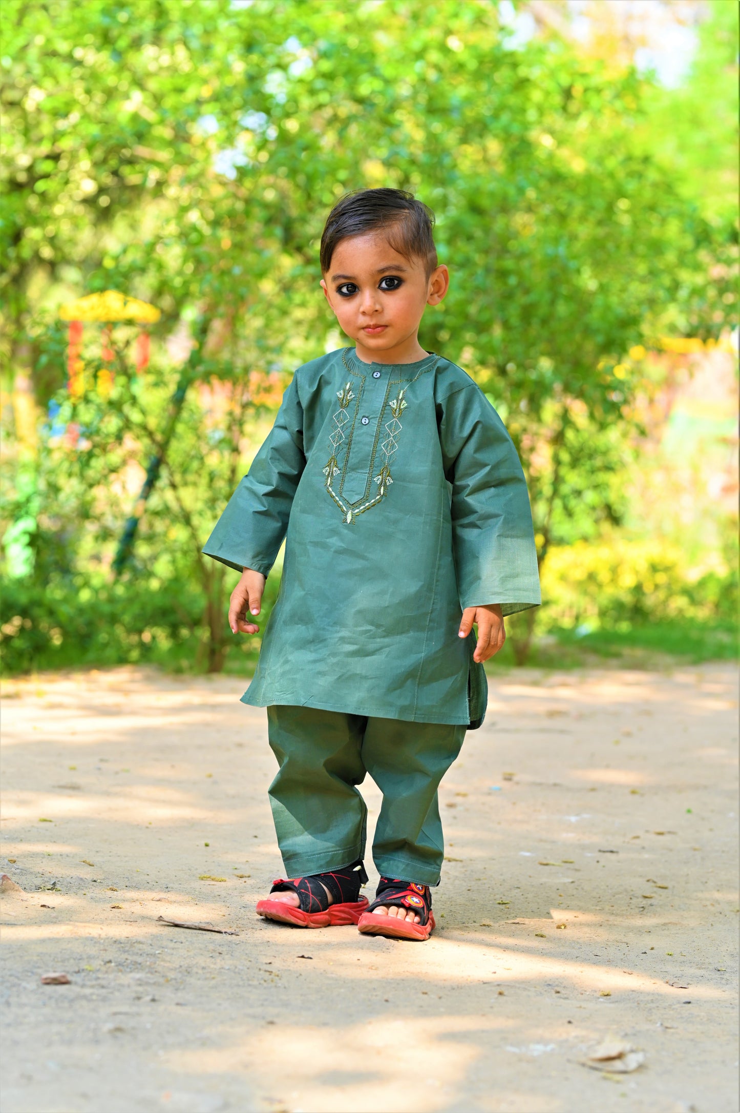 Dark Green Baby Boy Shalwar Kameez with Embroidered Neck โ Traditional Dress (2โ5 Years)
