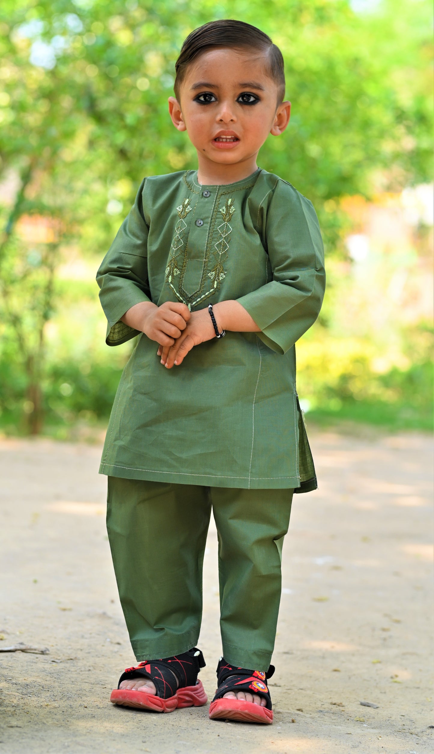 Dark Green Baby Boy Shalwar Kameez with Embroidered Neck โ Traditional Dress (2โ5 Years)