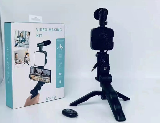 Vloging Video Making AY49 for Smartphone and Camera Vlogging Video Making Kit RGB Studio Kits Video Recording Photography Suit with Microphone LED Fill Light Mini Tripod Kit With Remote