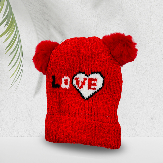 Warm Baby Girl Woolen Cap – Pom Pom Beanie with Heart LOVE Print