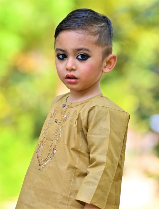 Honey Gold Baby Boy Shalwar Kameez – ✨ Embroidered Traditional Eid Wear (6M–2Y) FREE DELIVERY📦
