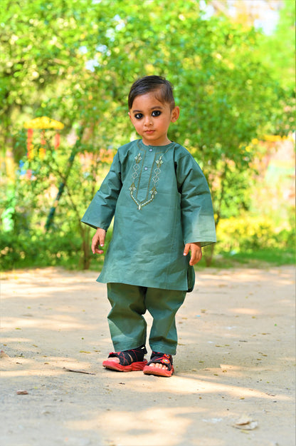 Dark Green Baby Boy Shalwar Kameez with Embroidered Neck – Traditional Dress (2–5 Years)