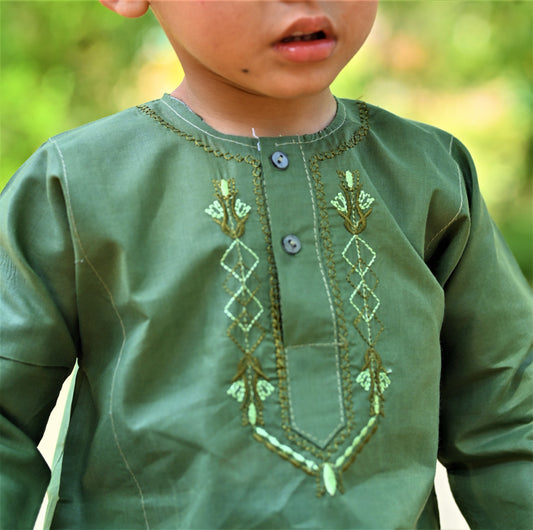 Dark Green Baby Boy Shalwar Kameez with Embroidered Neck – Traditional Dress (2–5 Years)