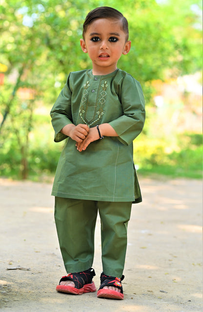 Mehndi Green Baby Boy Shalwar Kameez – ✨ Embroidered Traditional Eid Wear (6M–2Y)