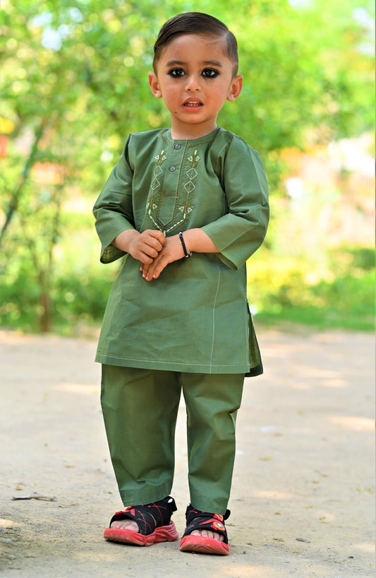 Mehndi Green Baby Boy Shalwar Kameez – ✨ Embroidered Traditional Eid Wear (6M–2Y)