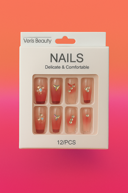 Verís Beauty 💅 Ombre Red Press-On Nails with Sparkling Stones 🌟 | 12 PCS Set Free Shipping! 🚚