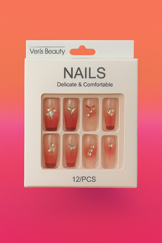 Verís Beauty 💅 Ombre Red Press-On Nails with Sparkling Stones 🌟 | 12 PCS Set Free Shipping! 🚚