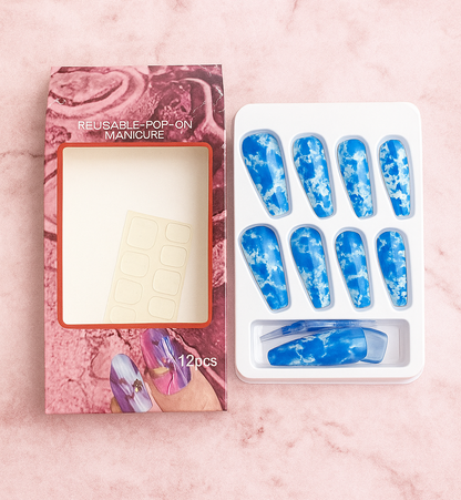 Blue Marble Press-On Nails – 12pcs Reusable Set 💅 Free shipping 🚚