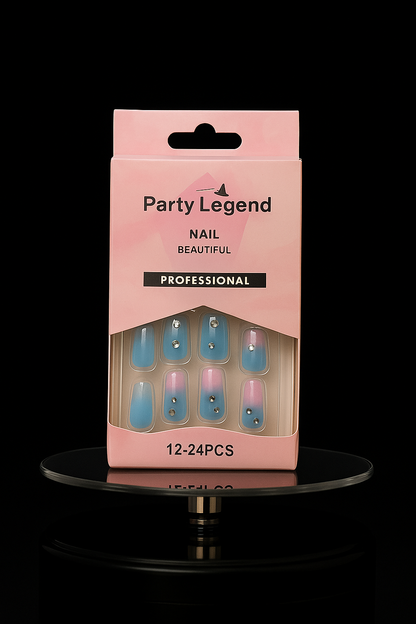 💅 12–24PCS Blue & Pink Ombre Nails with Rhinestones ✨ | Free Shipping 🚚