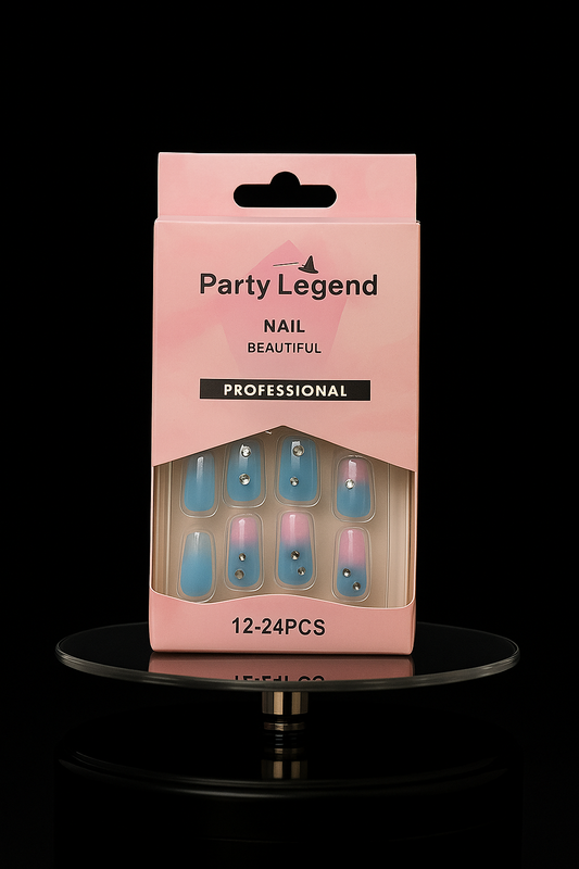 💅 12–24PCS Blue & Pink Ombre Nails with Rhinestones ✨ | Free Shipping 🚚