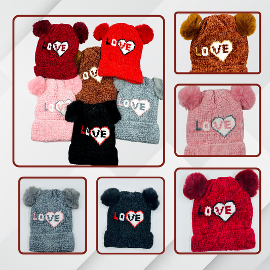 Warm Baby Girl Woolen Cap – Pom Pom Beanie with Heart LOVE Print