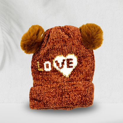 Warm Baby Girl Woolen Cap – Pom Pom Beanie with Heart LOVE Print