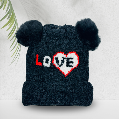 Warm Baby Girl Woolen Cap – Pom Pom Beanie with Heart LOVE Print