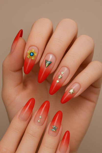 Verís Beauty 💅 Ombre Red Press-On Nails with Sparkling Stones 🌟 | 12 PCS Set Free Shipping! 🚚