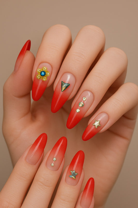 Verís Beauty 💅 Ombre Red Press-On Nails with Sparkling Stones 🌟 | 12 PCS Set Free Shipping! 🚚