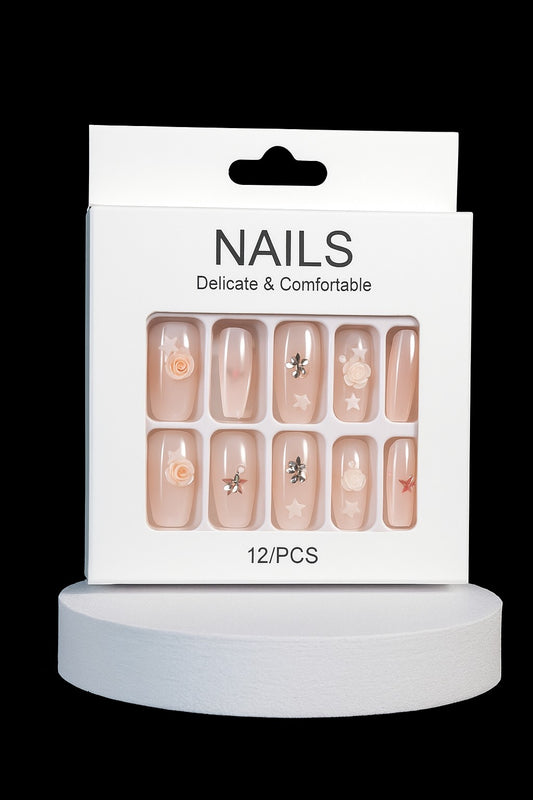 ✨ Elegant Nude Press-On Nails 💅 with 3D Flowers 🌸 Stars ⭐ & Sparkling Accents – 12 PCS Set 🚚 Free Shipping