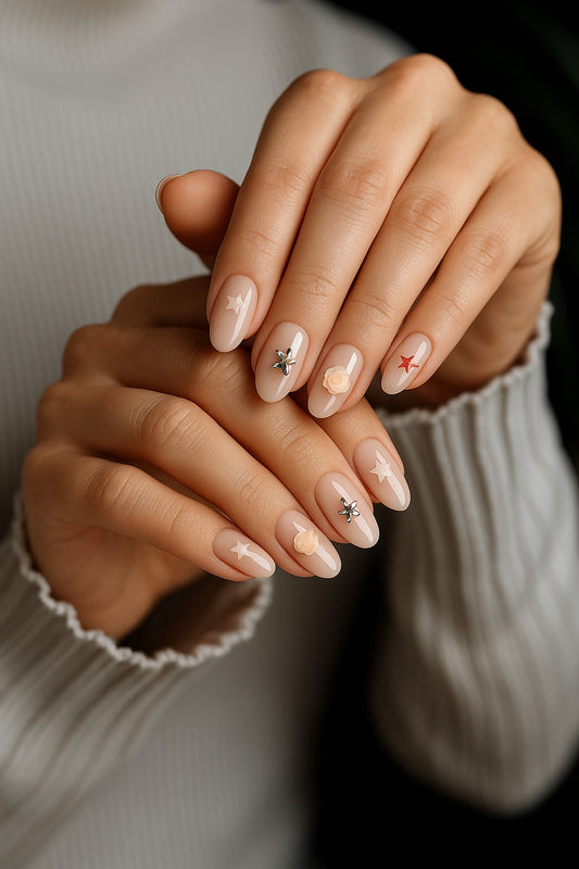 ✨ Elegant Nude Press-On Nails 💅 with 3D Flowers 🌸 Stars ⭐ & Sparkling Accents – 12 PCS Set 🚚 Free Shipping