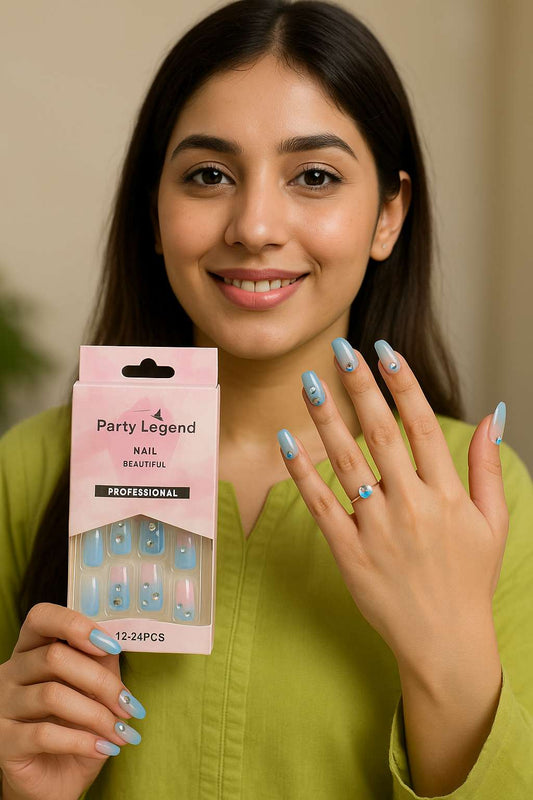 💅 12–24PCS Blue & Pink Ombre Nails with Rhinestones ✨ | Free Shipping 🚚