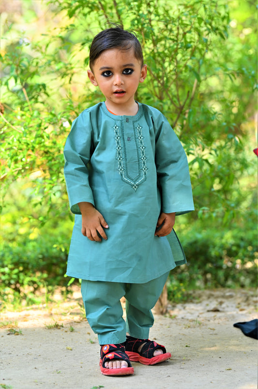Pastel Leaf Baby Boy Shalwar Kameez – ✨ Embroidered Eid & Wedding Wear (6M–2Y)
