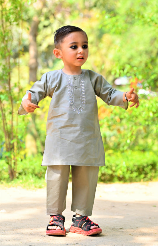 Moonstone Grey Baby Boy Shalwar Kameez – ✨ Embroidered Traditional Eid Wear (6M–2Y) FREE DELIVERY📦