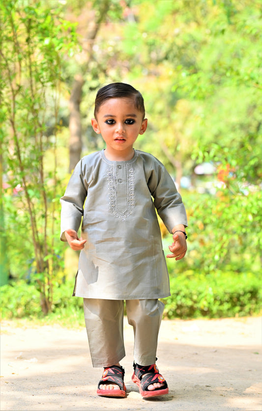 Moonstone Grey Baby Boy Shalwar Kameez – ✨ Embroidered Traditional Eid Wear (6M–2Y)