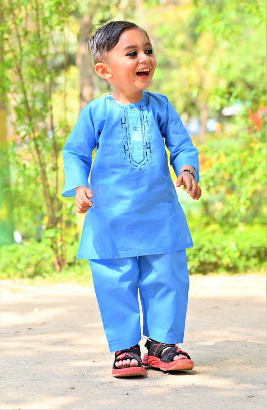 Ocean Sky Baby Boy Shalwar Kameez – ✨ Embroidered Traditional Eid Wear (6M–2Y)