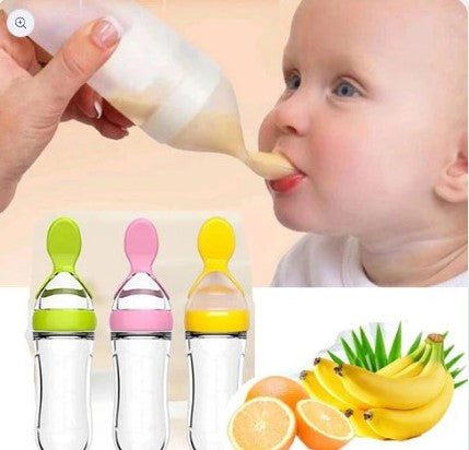 Baby Spoon Feeder - 90ml Silicone Baby Feeding Bottle With Spoon Newborn Infant Squeeze Spoon Toddler Food Supplement Rice Cereal Bottle Milk Feeder