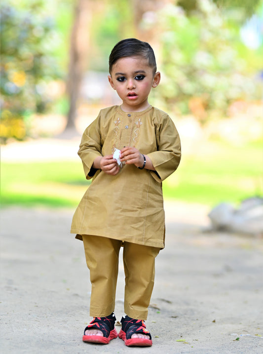 Honey Gold Baby Boy Shalwar Kameez – ✨ Embroidered Traditional Eid Wear (6M–2Y)