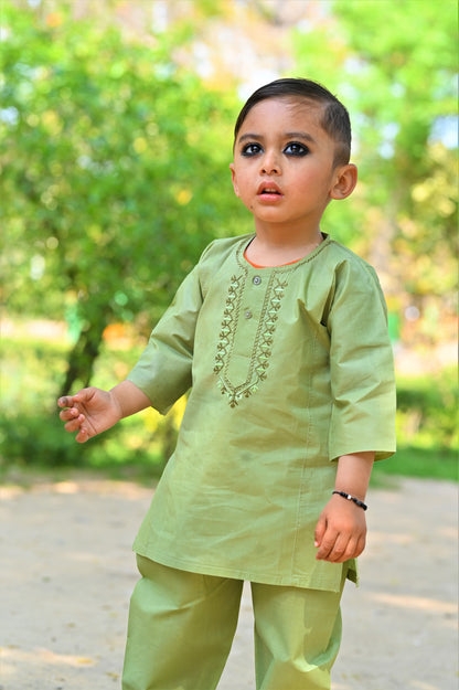 Leafy Green Baby Boy Shalwar Kameez – Embroidered Traditional Wear (6M–4Y)