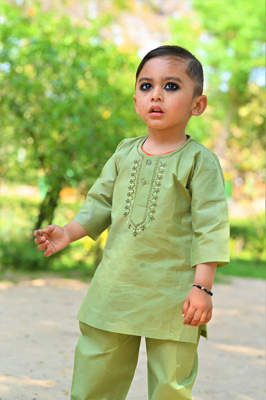 Leafy Green Baby Boy Shalwar Kameez – Embroidered Traditional Wear (6M–4Y)