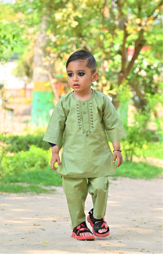 Leafy Green Baby Boy Shalwar Kameez – Embroidered Traditional Wear (6M–4Y)