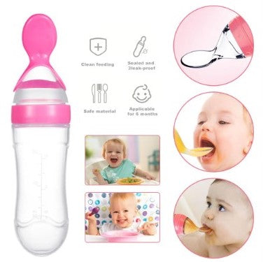 Baby Spoon Feeder - 90ml Silicone Baby Feeding Bottle With Spoon Newborn Infant Squeeze Spoon Toddler Food Supplement Rice Cereal Bottle Milk Feeder