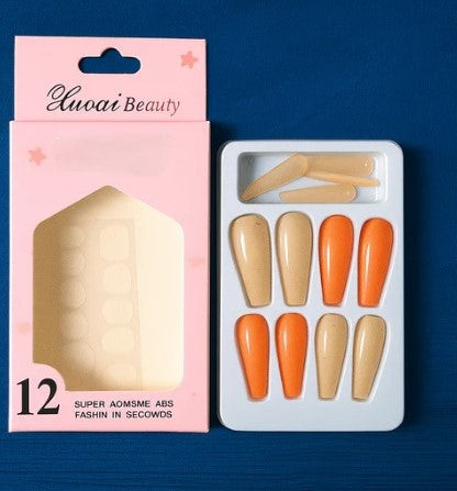Luoaì Beauty Press-On Nails – 12 PCS Set | Stylish Orange & Nude Combo